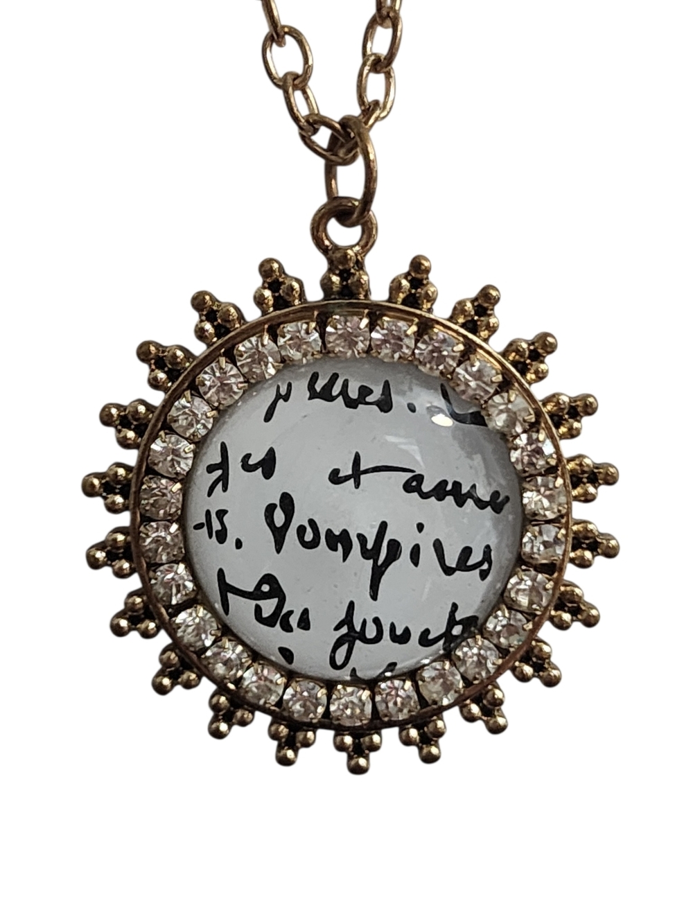Gold Tone Sunburst Pendant Necklace Rhinestone Accent